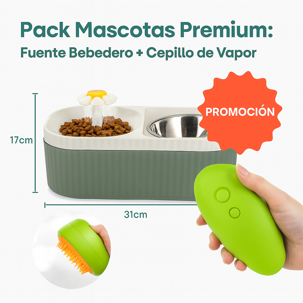 Pack Mascotas Premium: Fuente Comedero + Cepillo de Vapor ¡Hidratación y Cuidado en un Solo Paso!