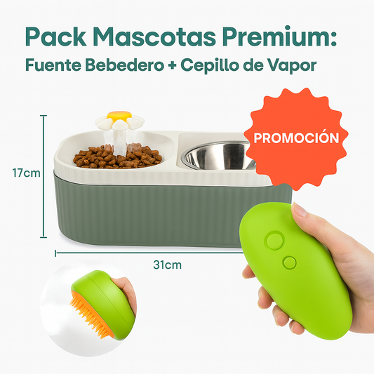 Pack Mascotas Premium: Fuente Comedero + Cepillo de Vapor ¡Hidratación y Cuidado en un Solo Paso!