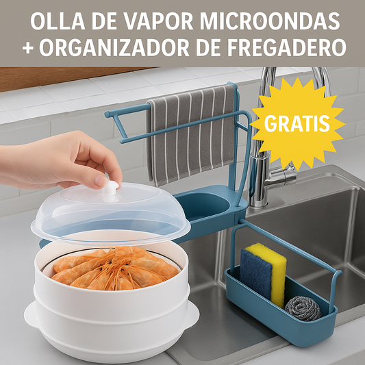 Cazuela para Microondas al Vapor + organizador de fregadero Gratis